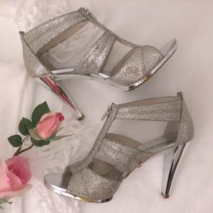Michael Kors Berkley T Strap Sparkley Glitter Silver Shoes Heels